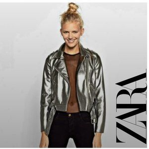 ZARA Silver Metallic Belted Moto Jacket Size Large
